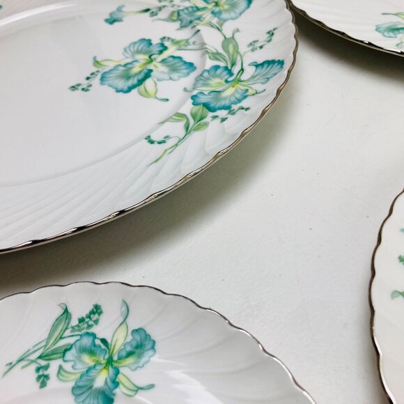 Vintage 1940s Royal Tettau Germany MCM Blue Iris Pattern Silver Trim Plate Set - Picture 6 of 11